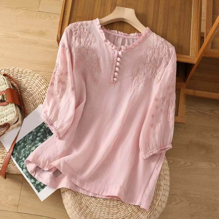 Damebluse | Brodert med Knappefront