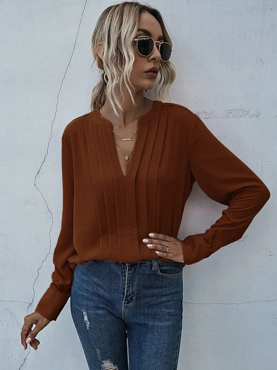 Damebluse | Plisserte V-hals