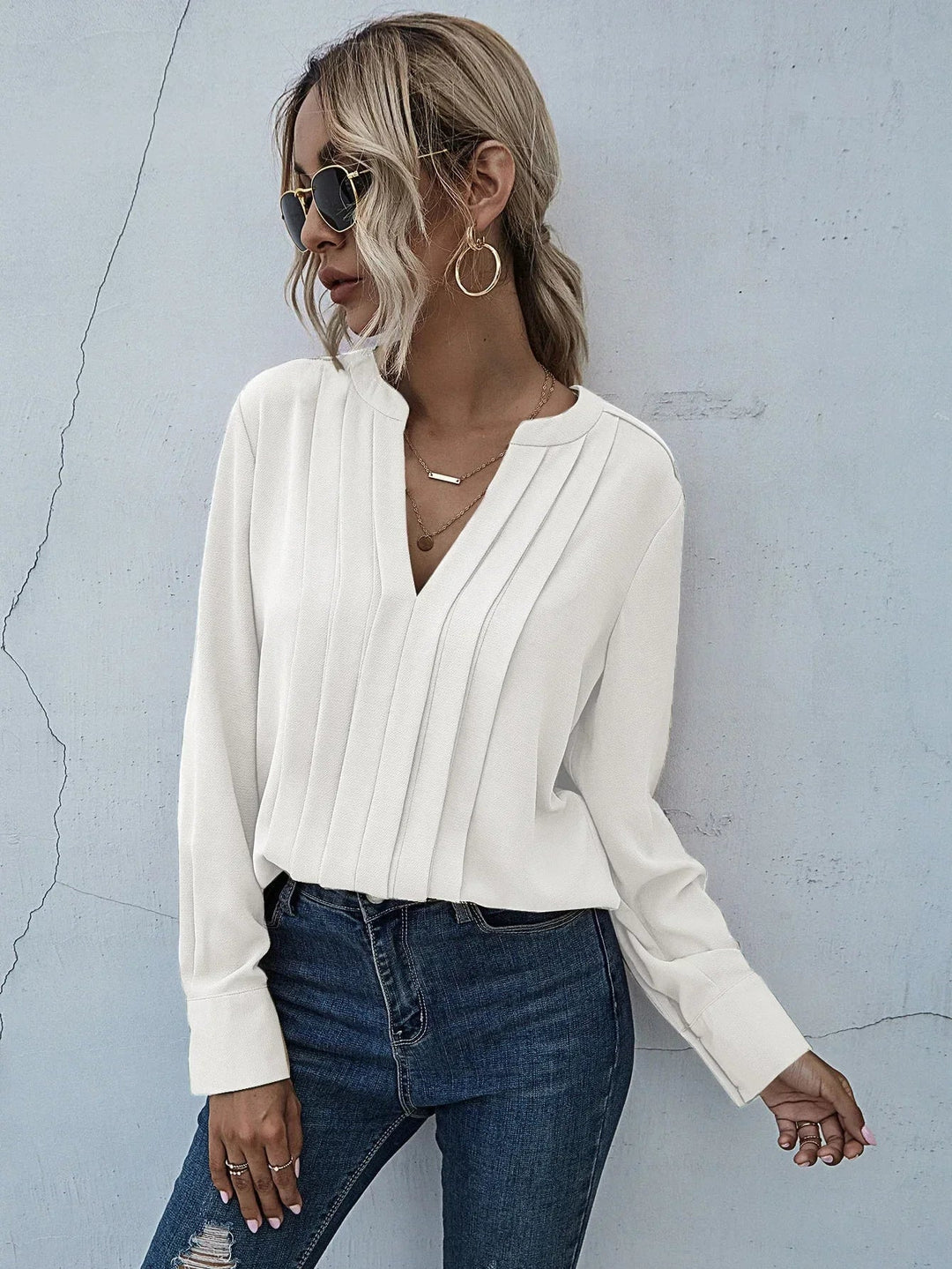 Damebluse | Plisserte V-hals