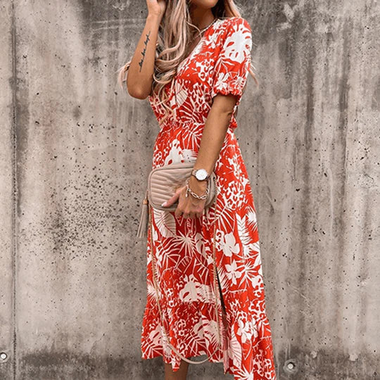 Kvinnes Boho Midi Kjole | V-Hals Smocket Blomster