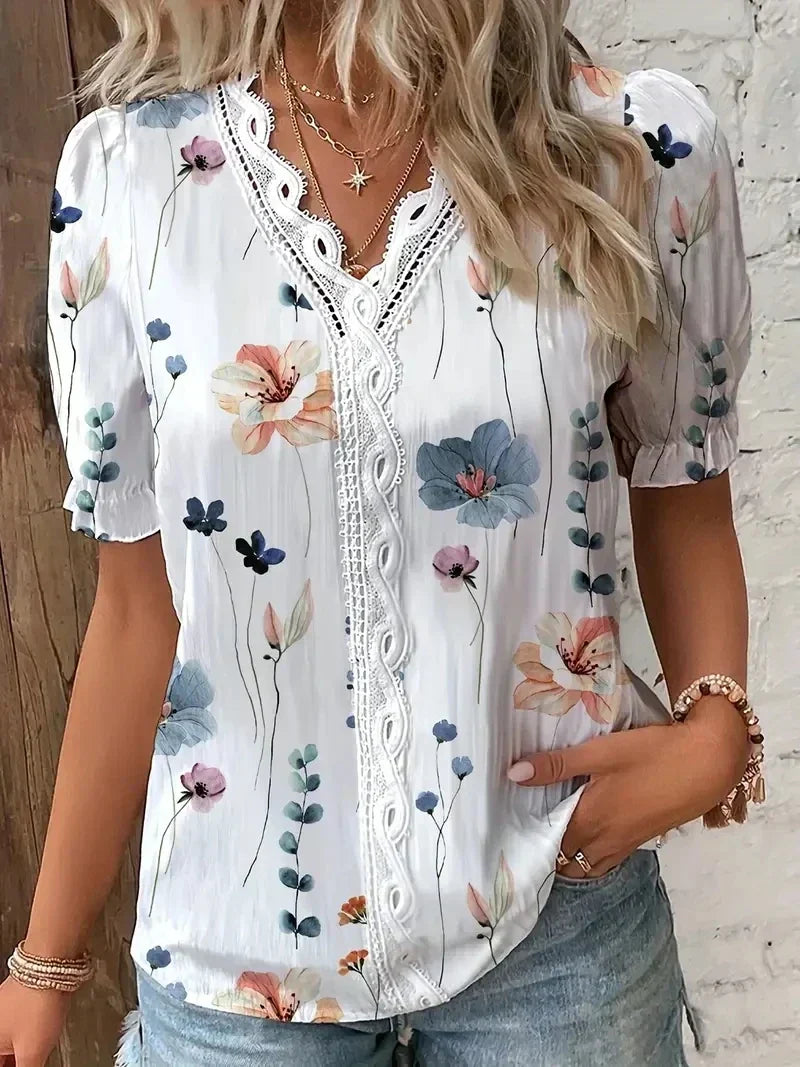 Damebluse | Blonde V-Hals Trykt