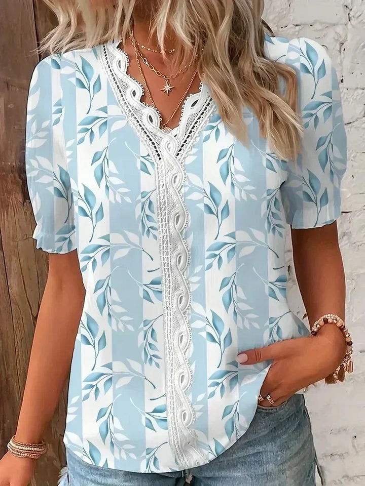 Damebluse | Blonde V-Hals Trykt