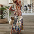 Kvinnes Boho Maxi Kjole | V-Hals Korte Ermer
