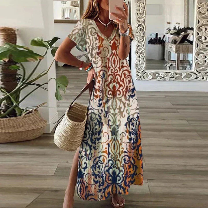 Kvinnes Boho Maxi Kjole | Korte Ermer