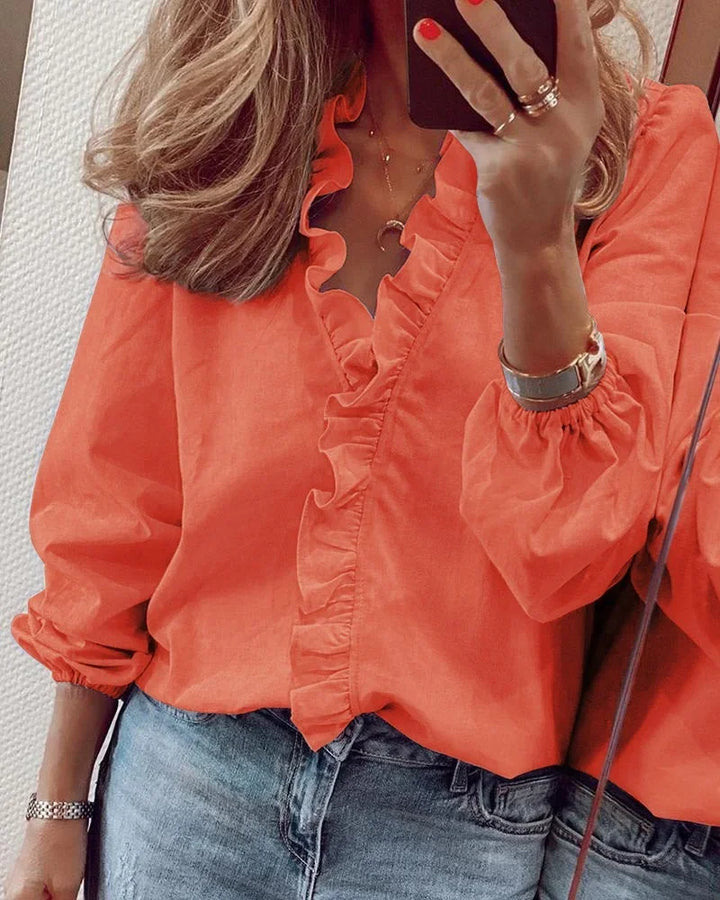 Damebluse | Volangdetalj V-hals