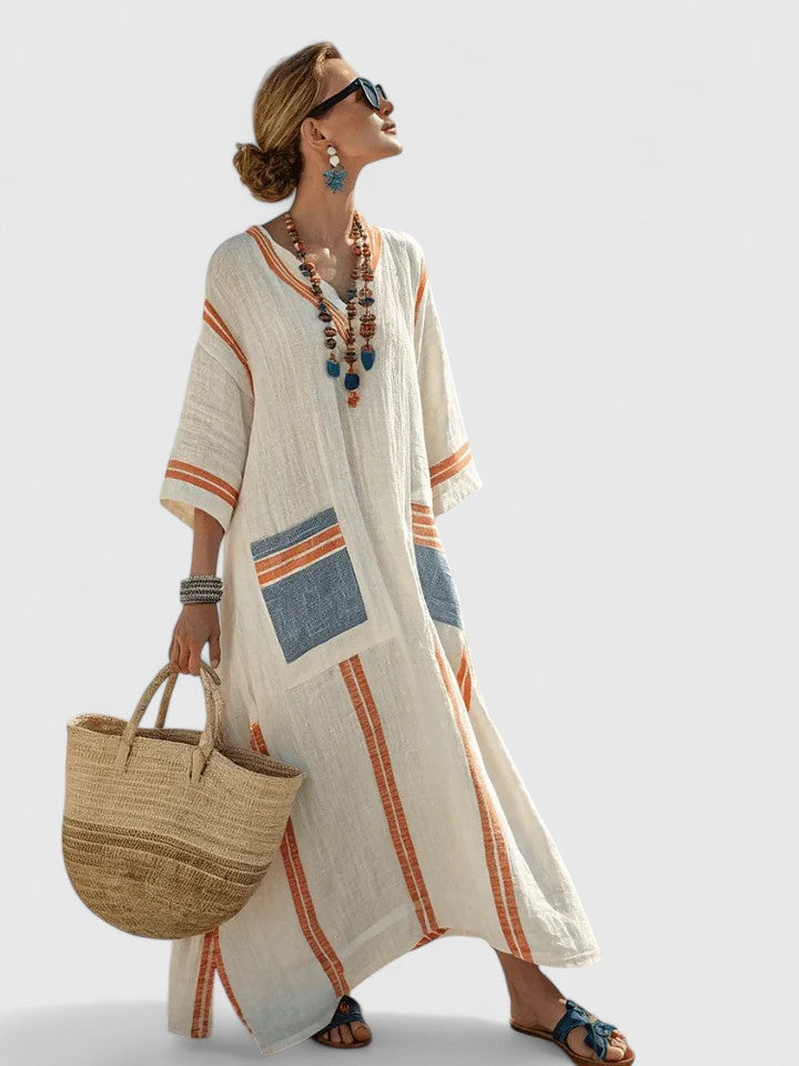 Dame Maxi Sommerkjole | V-Hals Stripete Kaftan