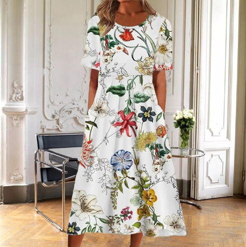 Kjole for kvinner | Blomster Midi Kort Erme