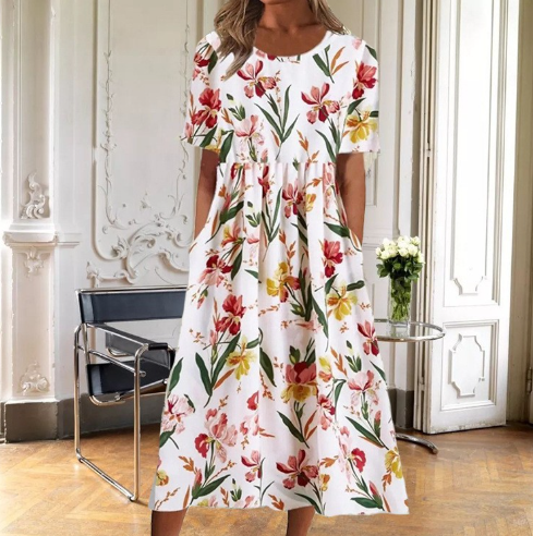 Kjole for kvinner | Blomster Midi Kort Erme