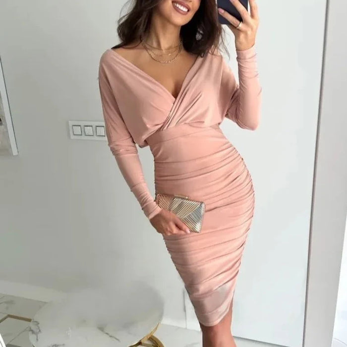 Dame Draperte Bodycon Kjole med V-hals og Lange Ermer