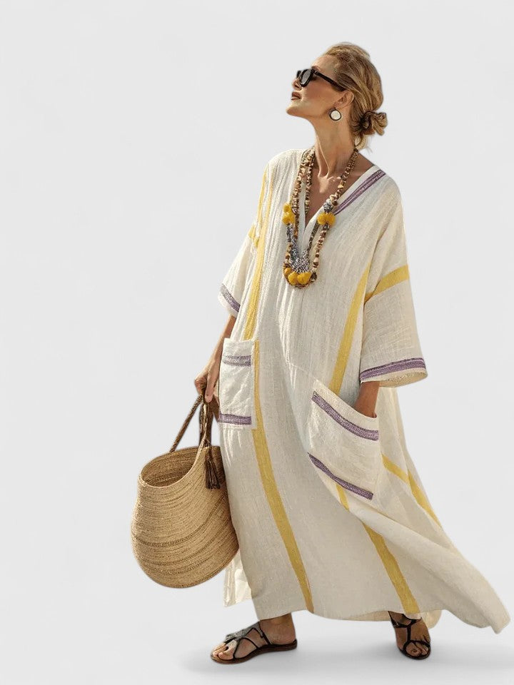Dame Maxi Sommerkjole | V-Hals Stripete Kaftan