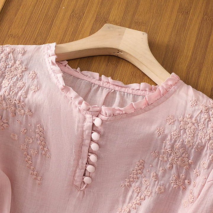Damebluse | Brodert med Knappefront
