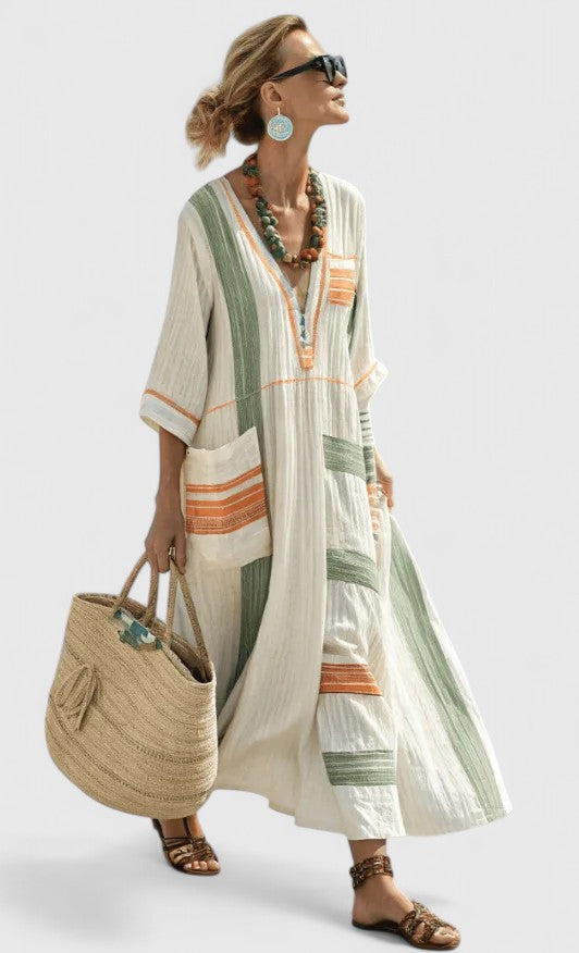 Dame Maxi Sommerkjole | V-Hals Stripete Kaftan
