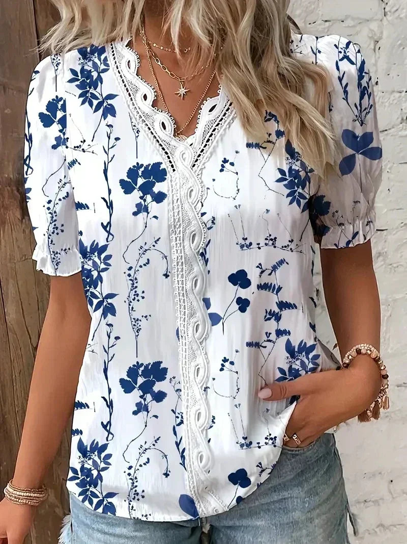 Damebluse | Blonde V-Hals Trykt