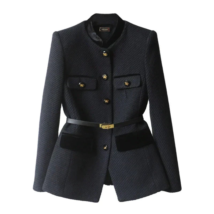 Dame Blazer med Rund Hals og Kontrastdetaljer