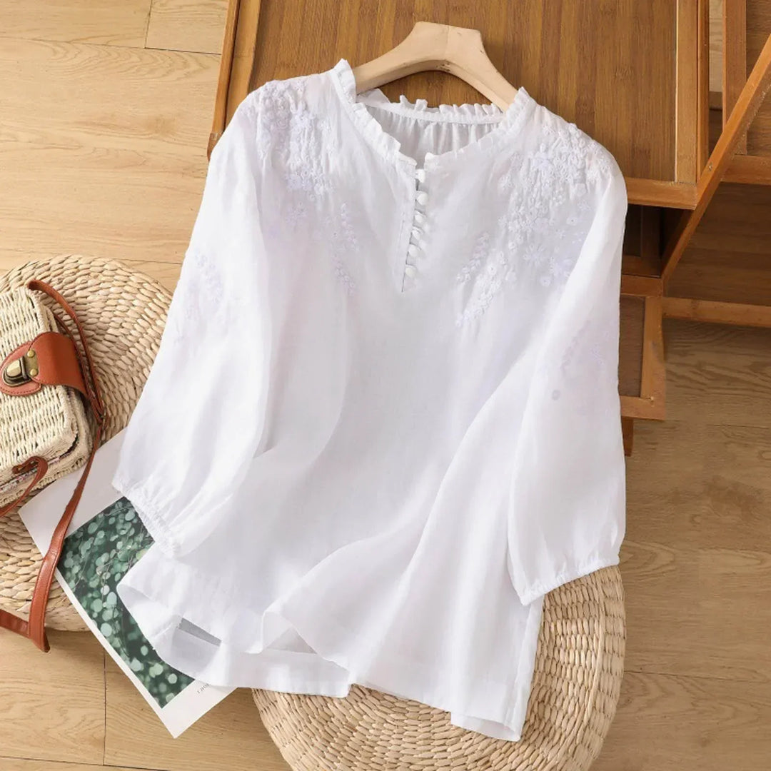 Damebluse | Brodert med Knappefront