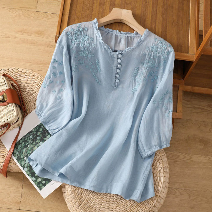 Damebluse | Brodert med Knappefront