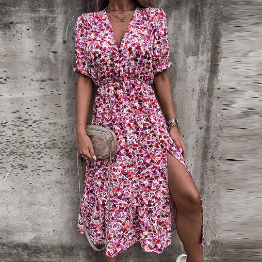 Kvinnes Boho Midi Kjole | V-Hals Smocket Blomster