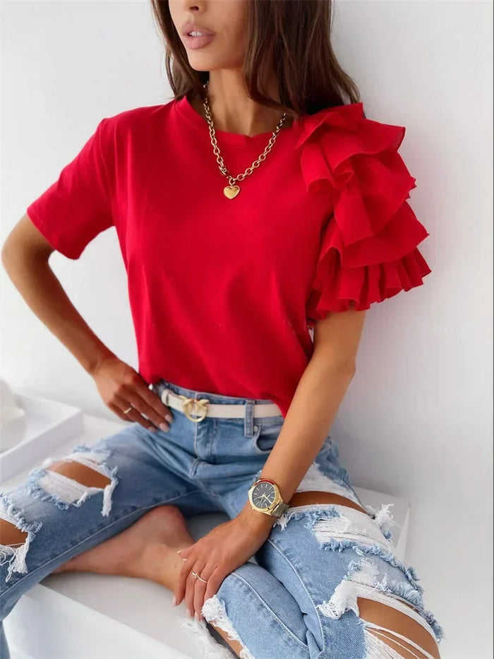 Damebluse | Volang Korte Ermer