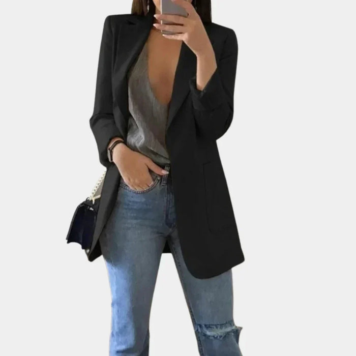 Dame Lang Smal Blazer med Revers og Moderne Lengde