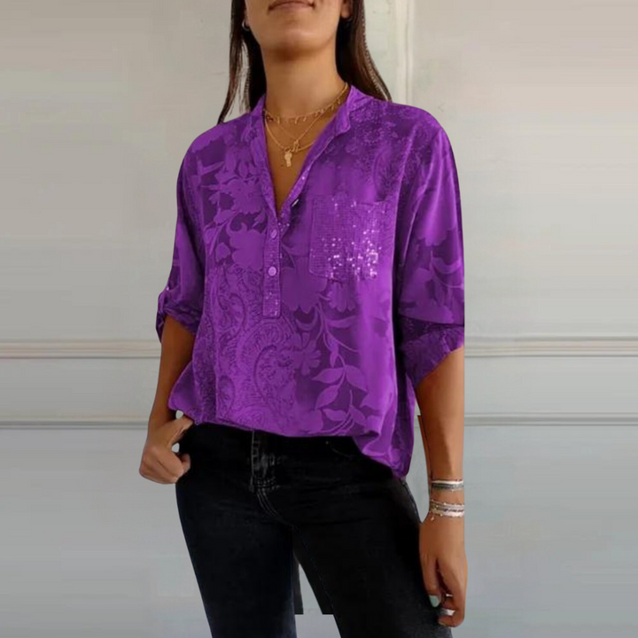 Damebluse | Blomstertrykk med Krage