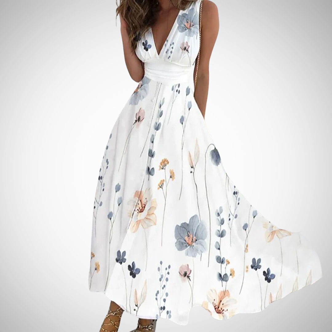 Kvinnes Floral Maxi Kjole | V-Hals Uten Ermer