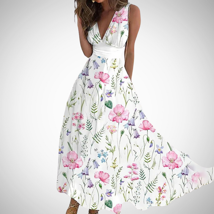 Kvinnes Floral Maxi Kjole | V-Hals Uten Ermer