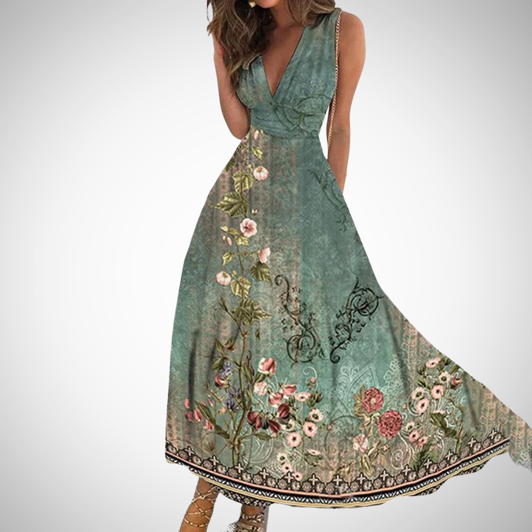Kvinnes Floral Maxi Kjole | V-Hals Uten Ermer