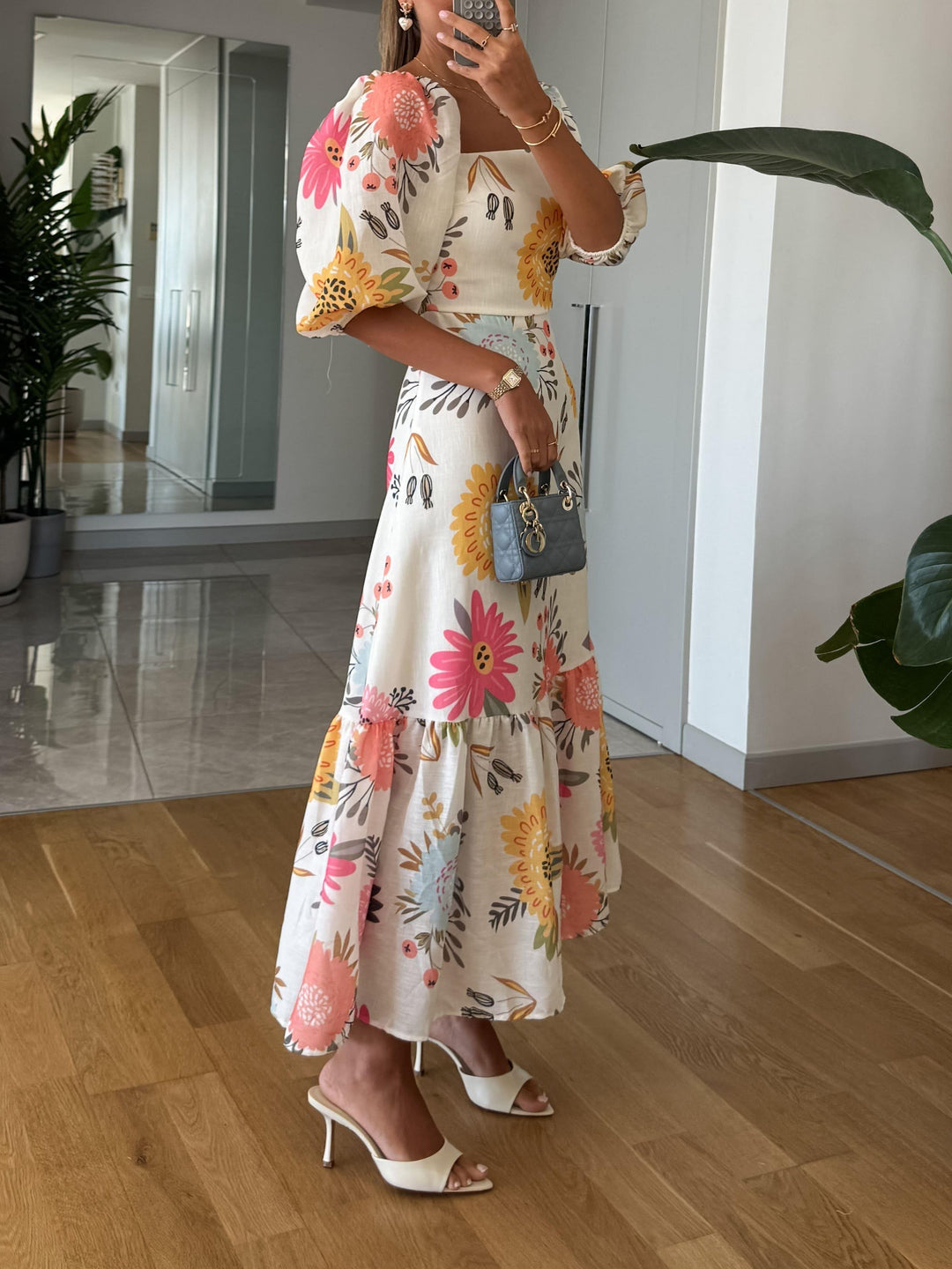 Kjole for kvinner | Fyrkantet hals med blomstermønster Midi