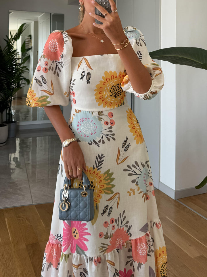 Kjole for kvinner | Fyrkantet hals med blomstermønster Midi