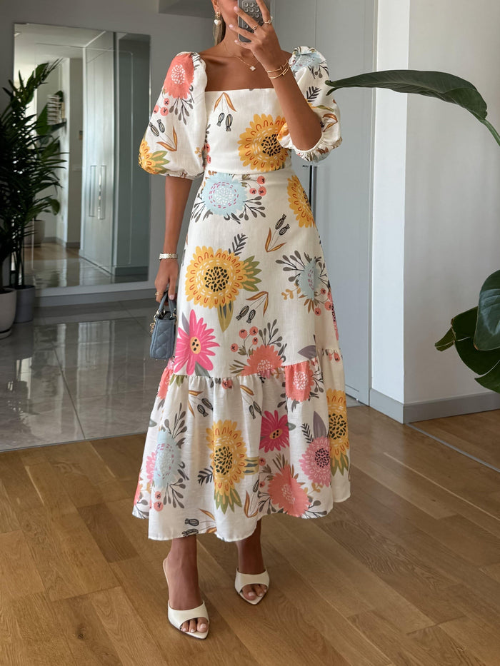 Kjole for kvinner | Fyrkantet hals med blomstermønster Midi