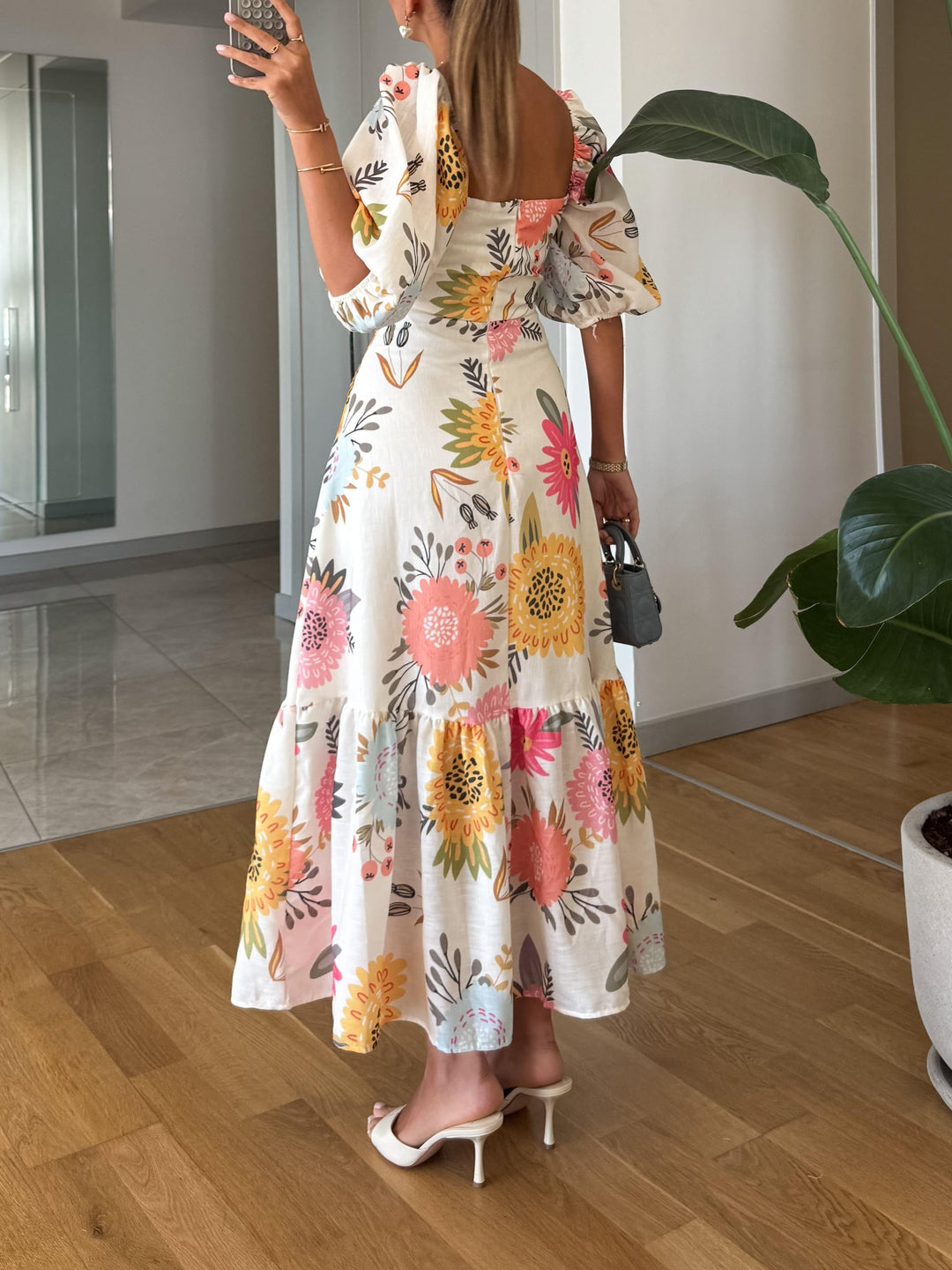 Kjole for kvinner | Fyrkantet hals med blomstermønster Midi