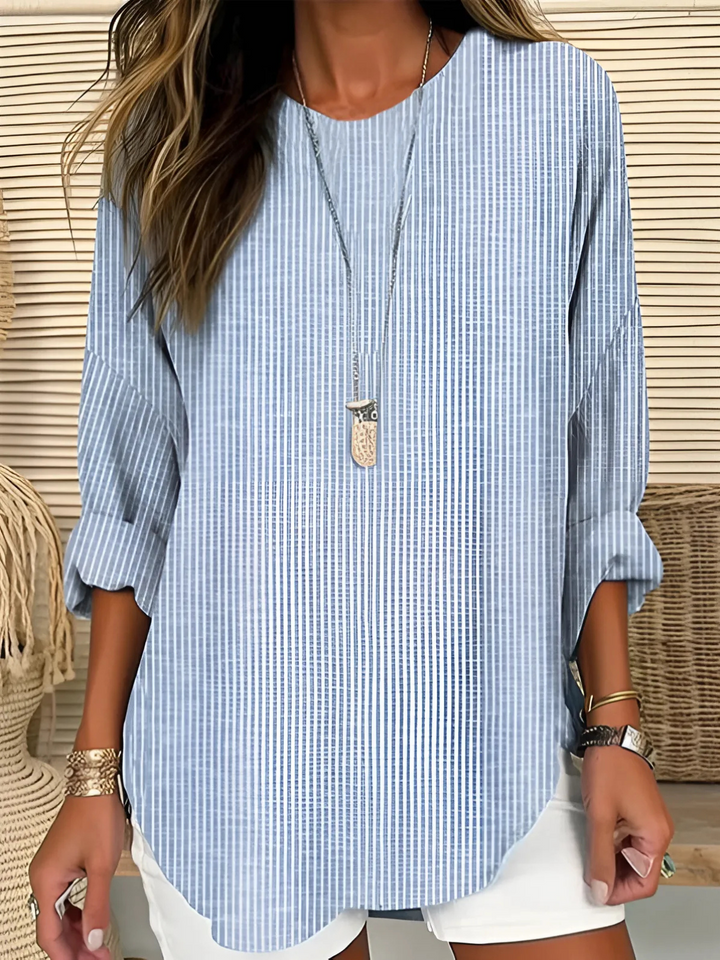 Damebluse | Vertikal Stripe Rund Hals