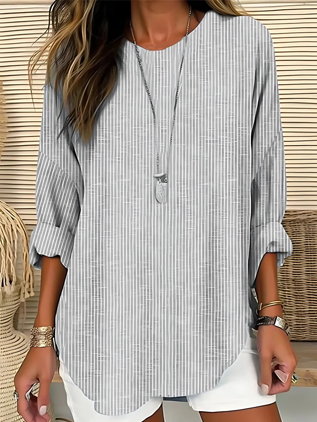 Damebluse | Vertikal Stripe Rund Hals