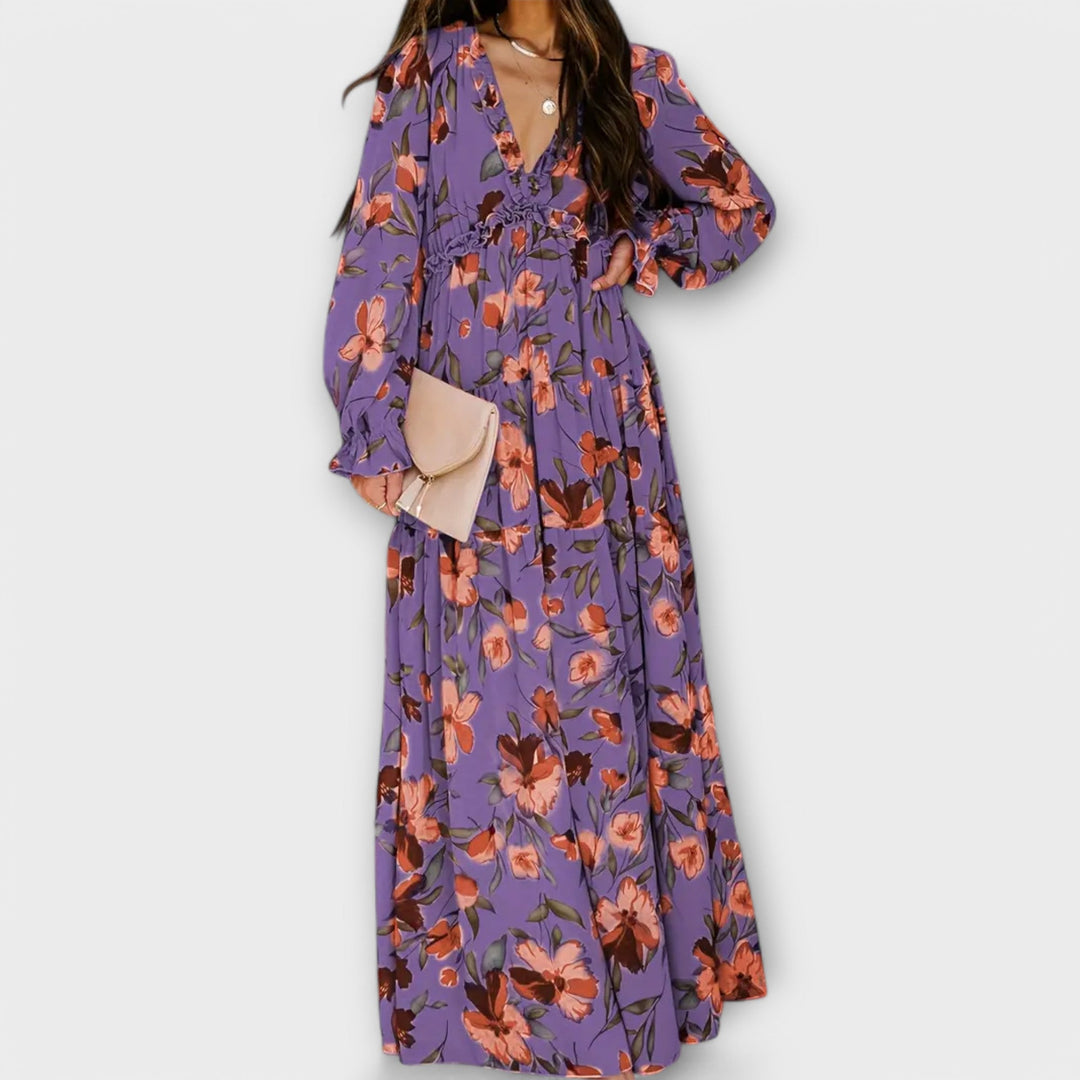 Kjole for kvinner | Blomstrete V-hals langermet maxi