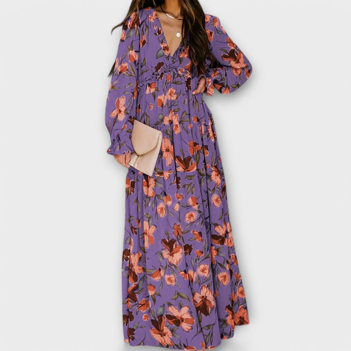 Kjole for kvinner | Blomstrete V-hals langermet maxi