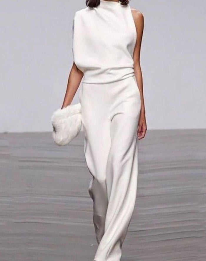 Abigail | Dame Høy Hals Asymmetrisk Skulder Jumpsuit Bred Ben Formell