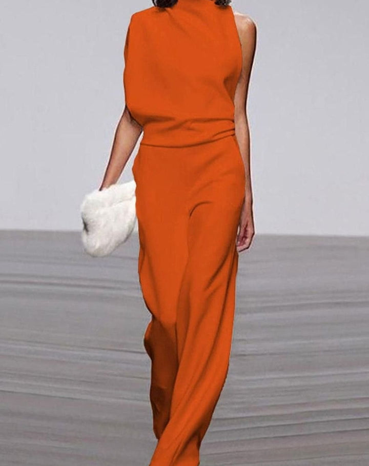 Abigail | Dame Høy Hals Asymmetrisk Skulder Jumpsuit Bred Ben Formell
