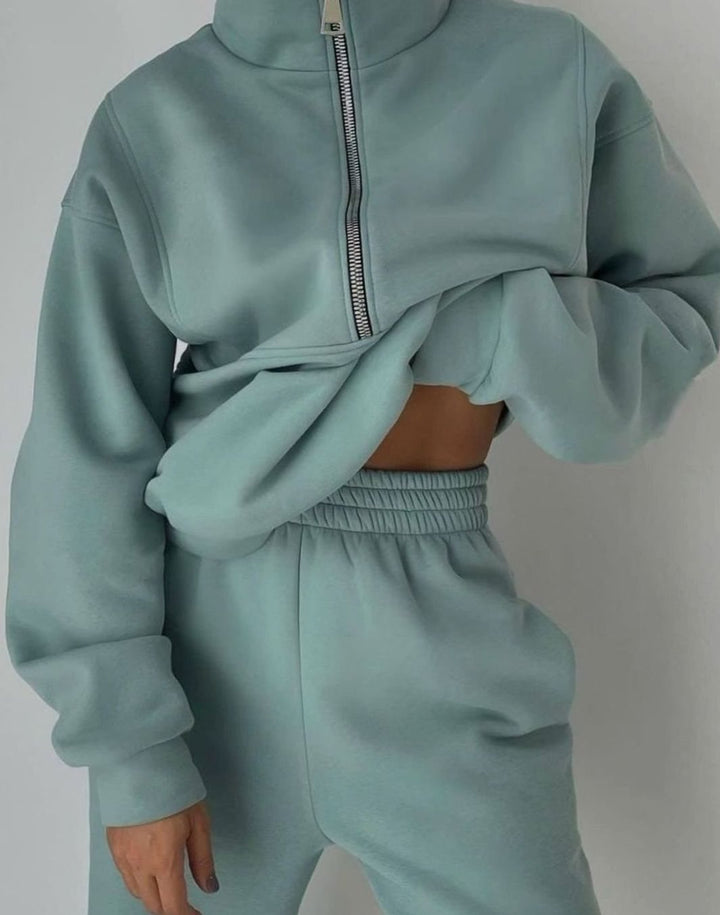 Adeline | Kvinners Oversized Halv-Glidelås Cropped Jogger To-Delt Sett