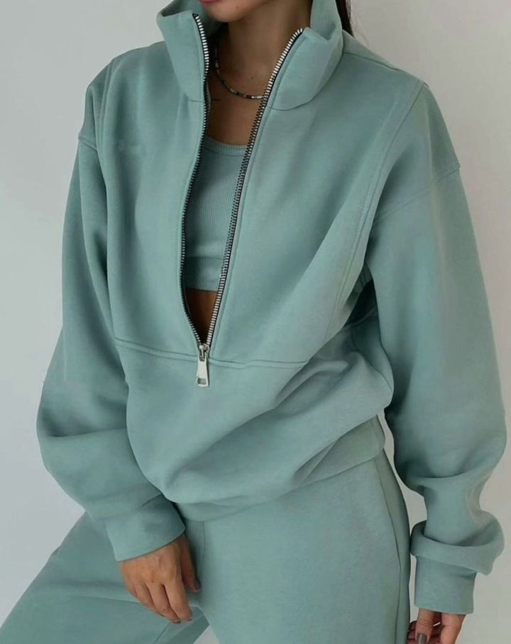 Adeline | Kvinners Oversized Halv-Glidelås Cropped Jogger To-Delt Sett