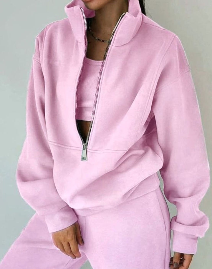 Adeline | Kvinners Oversized Halv-Glidelås Cropped Jogger To-Delt Sett