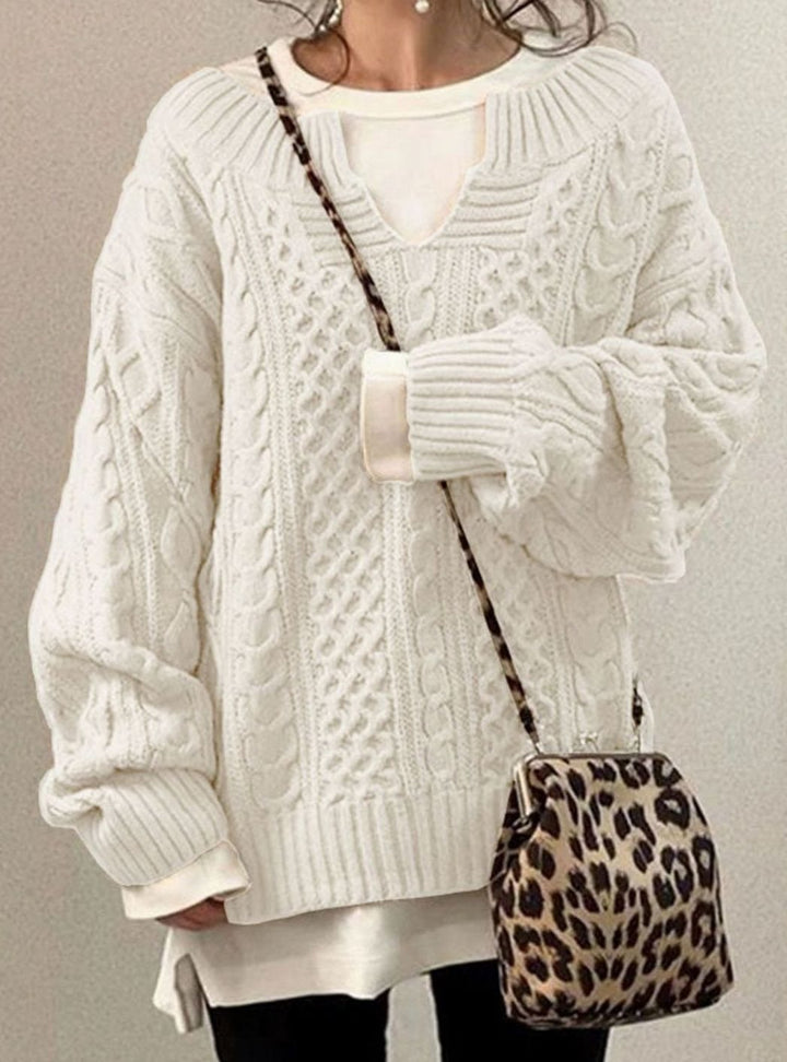 Audrey | Kvinne Oversized Kabelstrikket Genser V-Hals Pullover