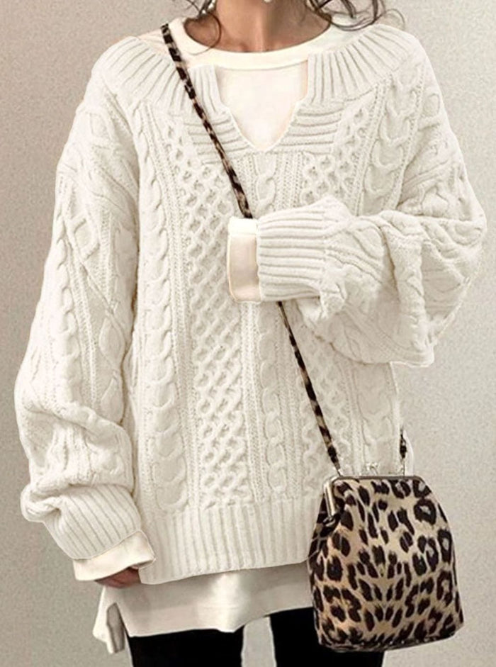 Audrey | Kvinne Oversized Kabelstrikket Genser V-Hals Pullover
