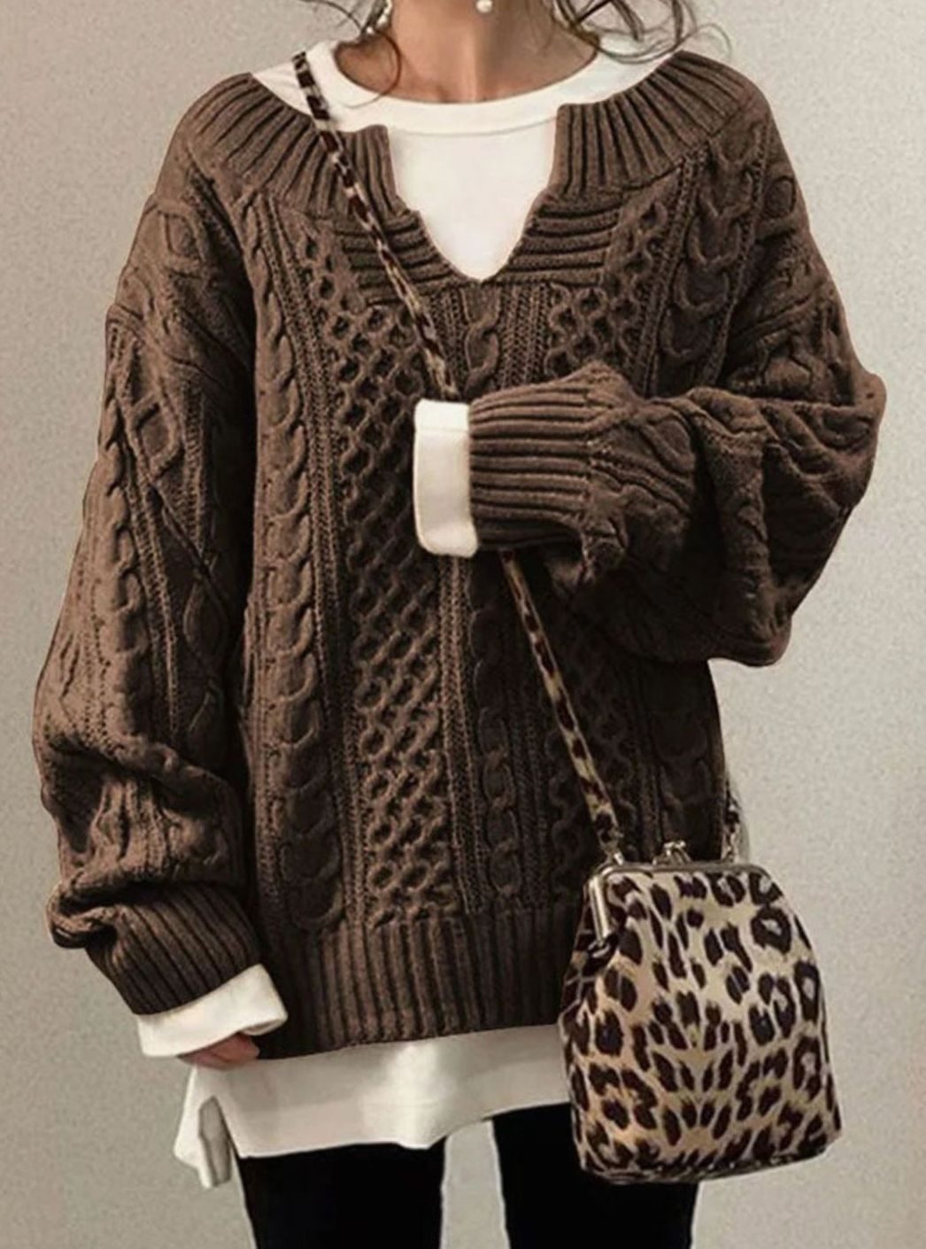 Audrey | Kvinne Oversized Kabelstrikket Genser V-Hals Pullover