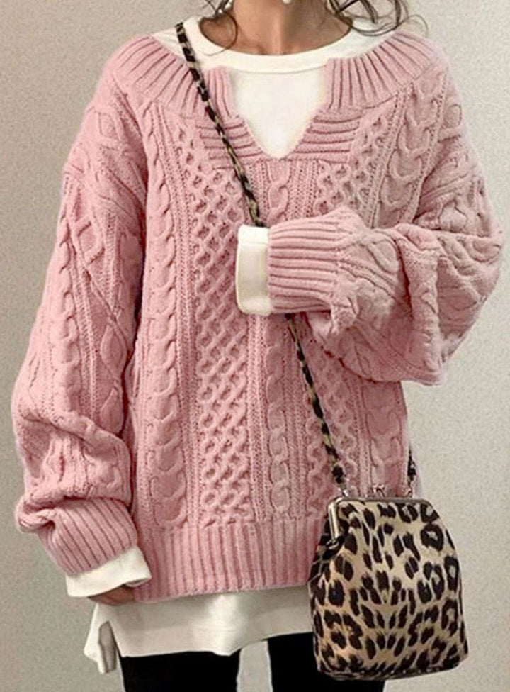 Audrey | Kvinne Oversized Kabelstrikket Genser V-Hals Pullover