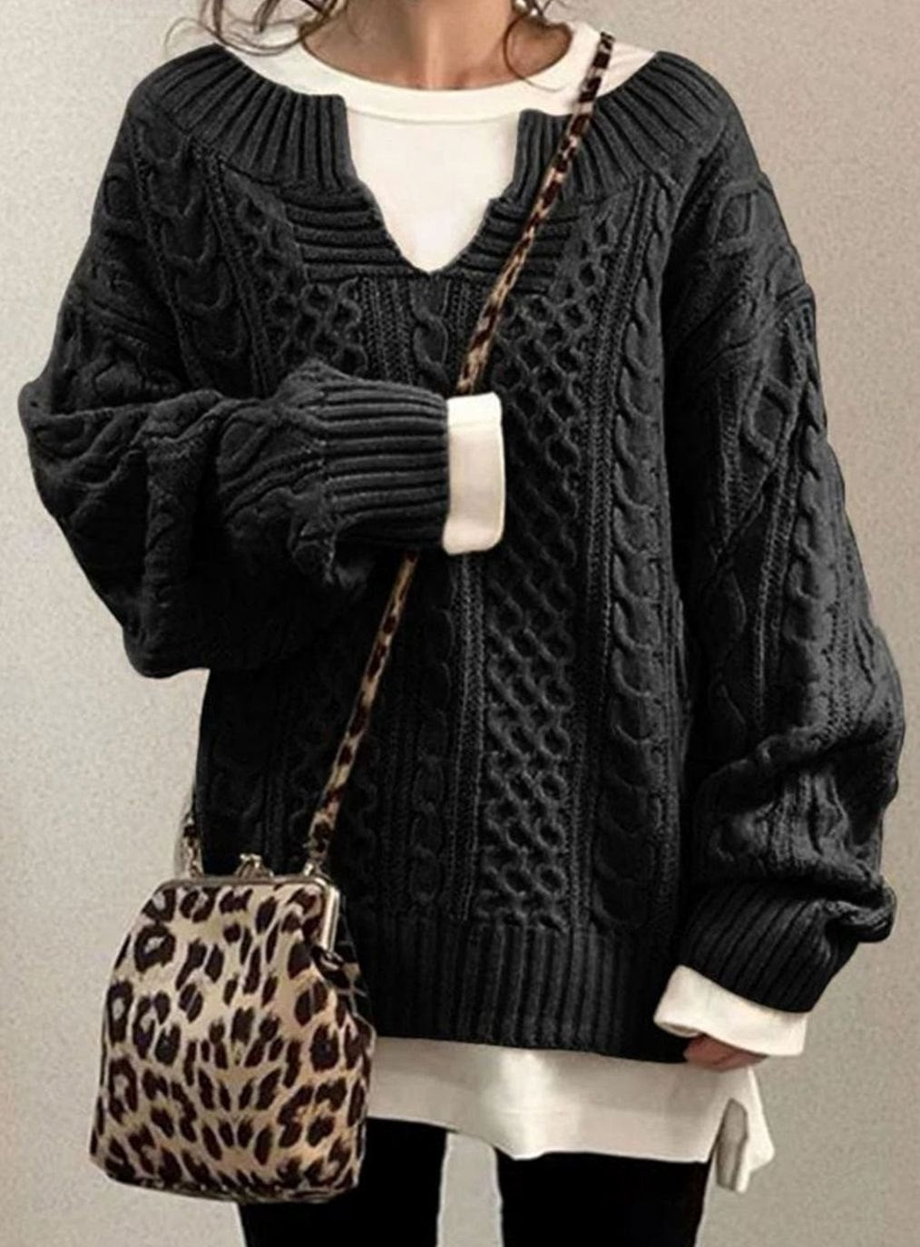 Audrey | Kvinne Oversized Kabelstrikket Genser V-Hals Pullover