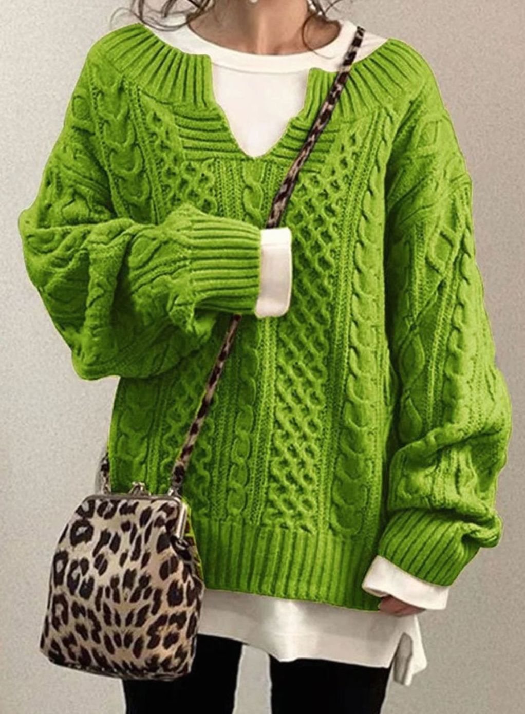 Audrey | Kvinne Oversized Kabelstrikket Genser V-Hals Pullover
