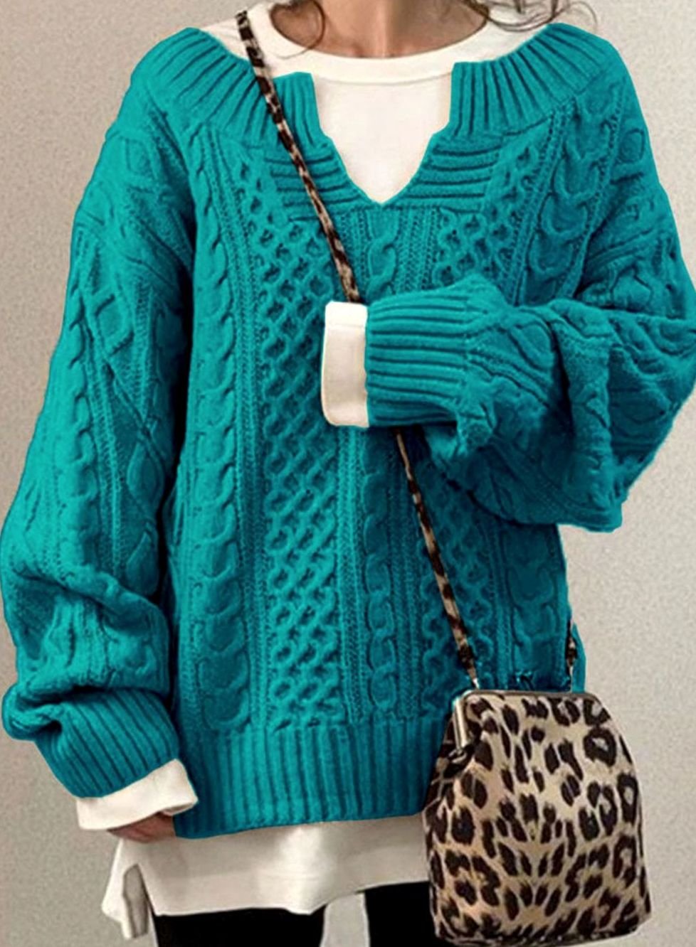 Audrey | Kvinne Oversized Kabelstrikket Genser V-Hals Pullover