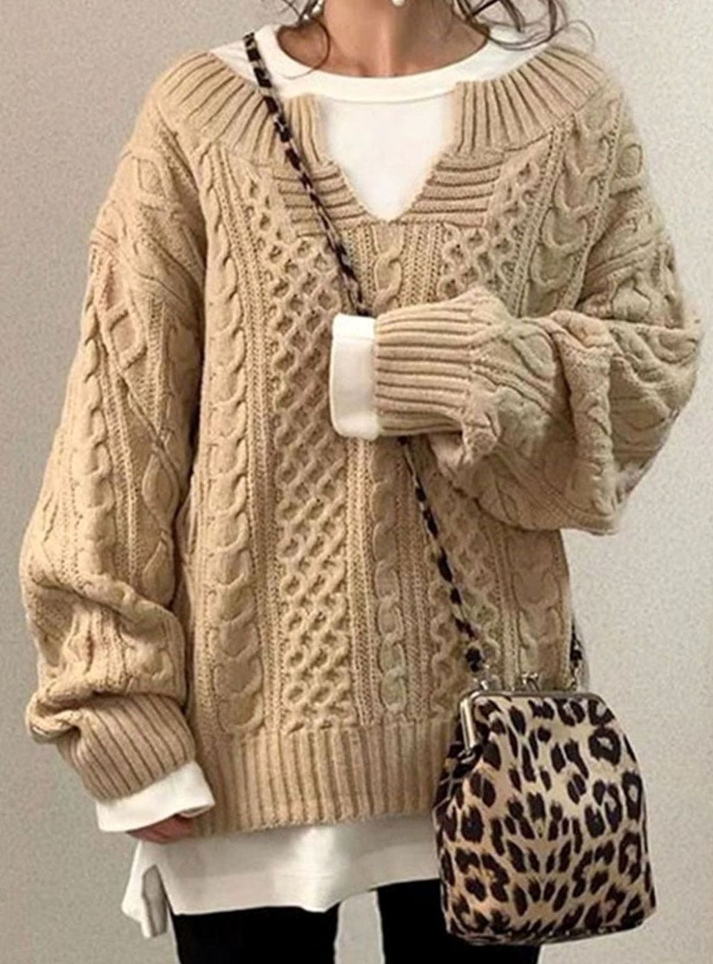 Audrey | Kvinne Oversized Kabelstrikket Genser V-Hals Pullover