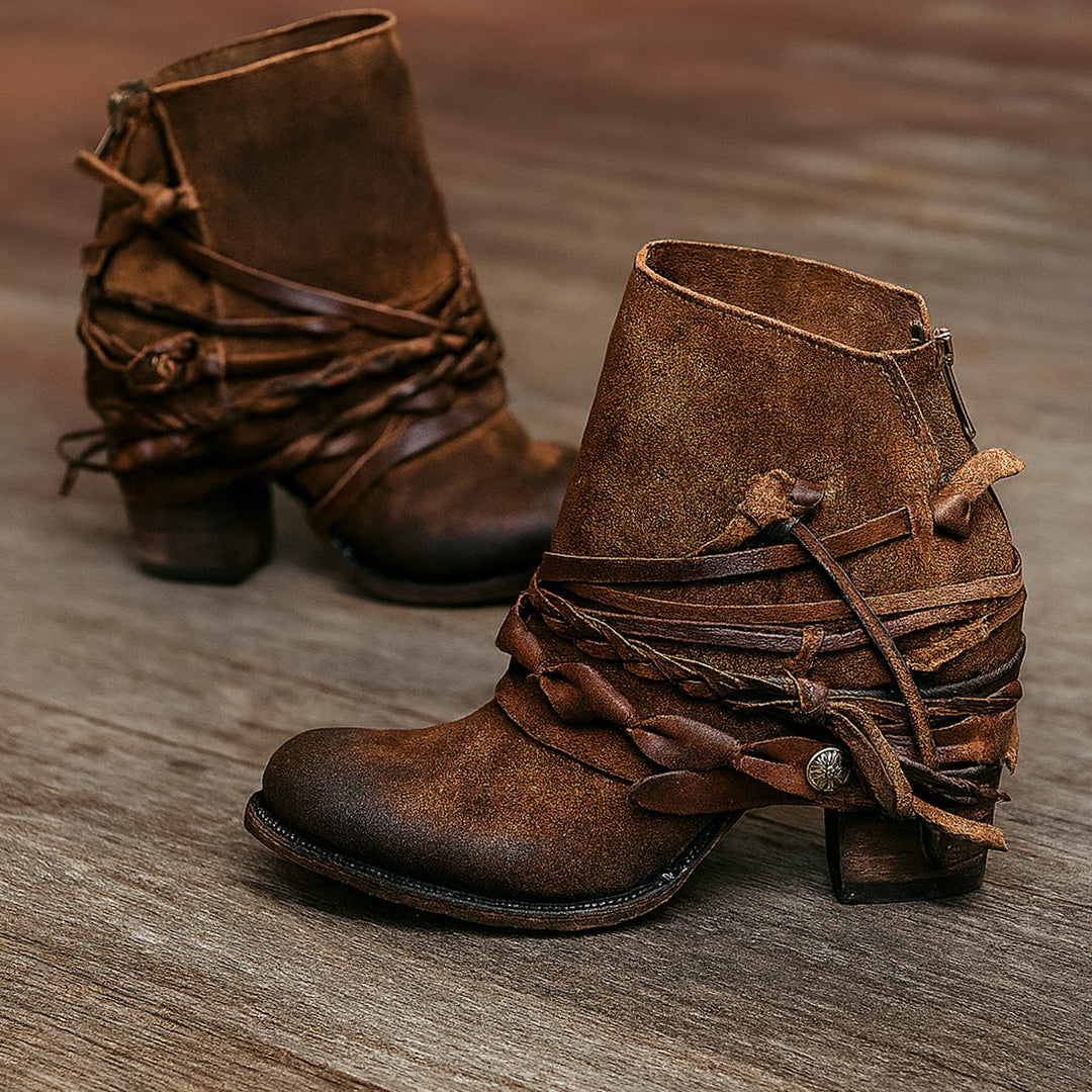 Blair | Kvinne Boho Western Wrap-Strap Blokkhæl Ankelstøvler
