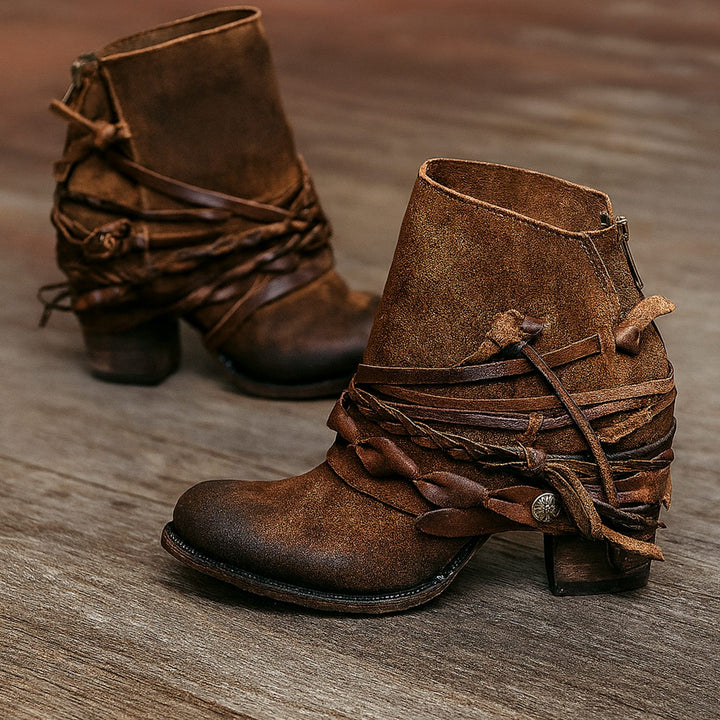 Blair | Kvinne Boho Western Wrap-Strap Blokkhæl Ankelstøvler